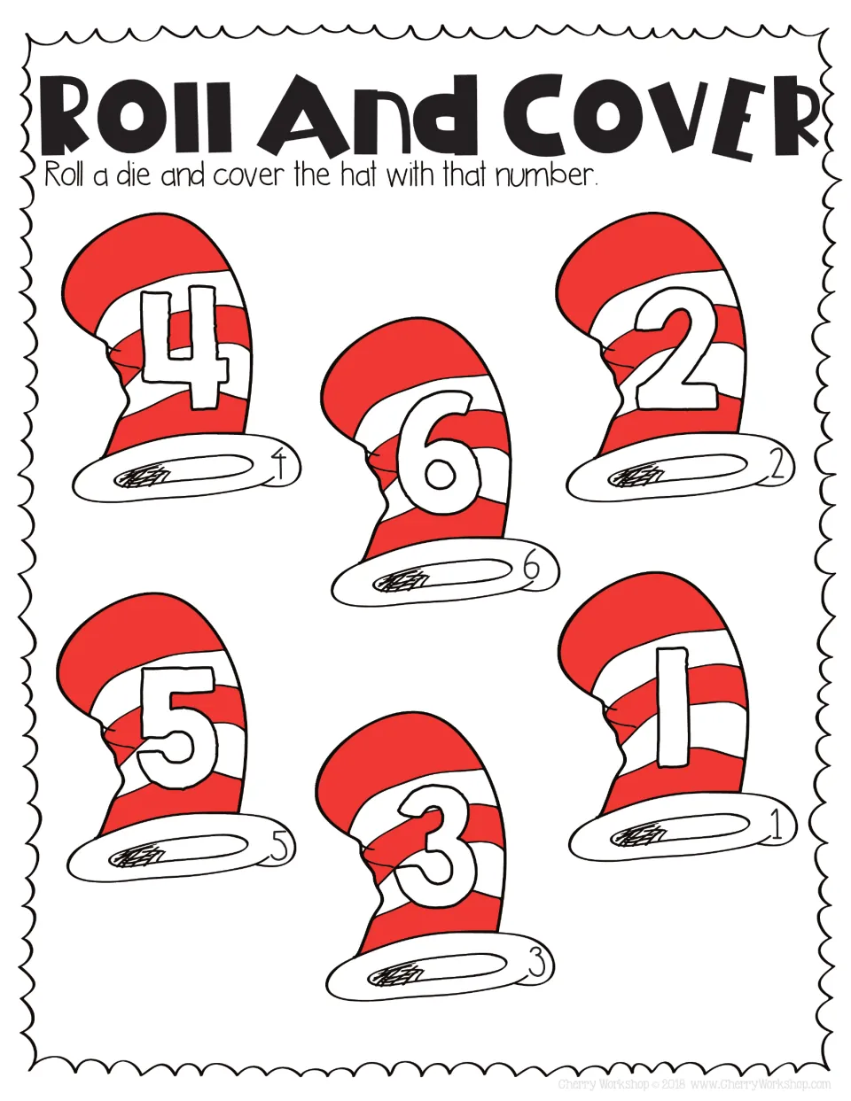 Roll and Cover with outlined numerals: roll a single die, find the matching hat from 1 to 6 and cover it