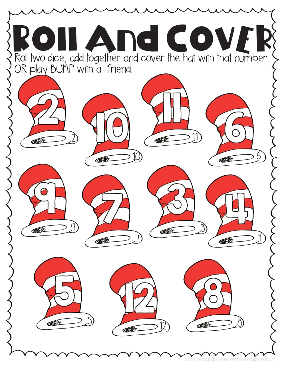 Two-dice Roll and Cover, outlined numerals: cover the hat matching each sum 2 to 12 or play the BUMP partner game