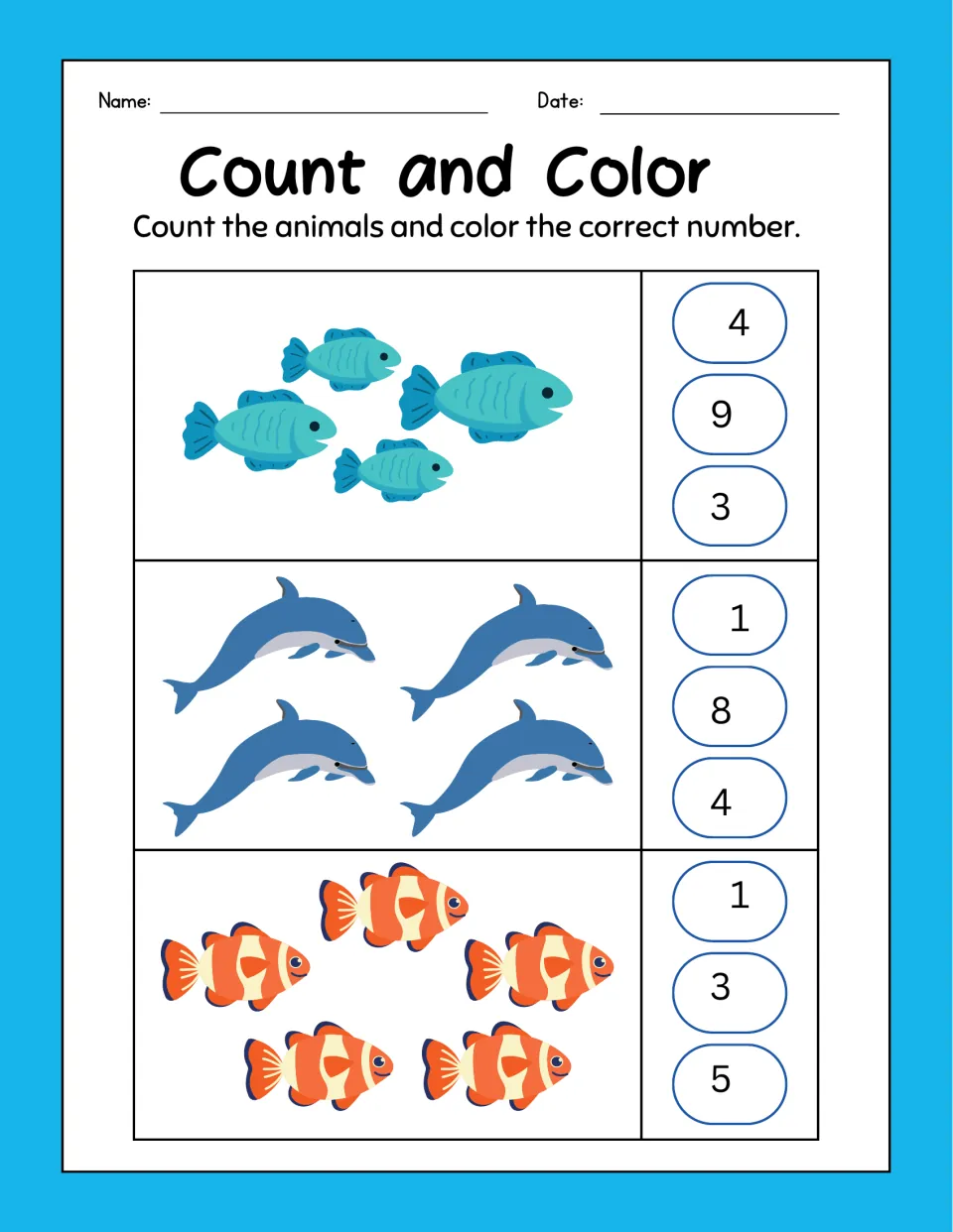 Count and Color: students count groups of blue fish, dolphins and clownfish, then color the matching number
