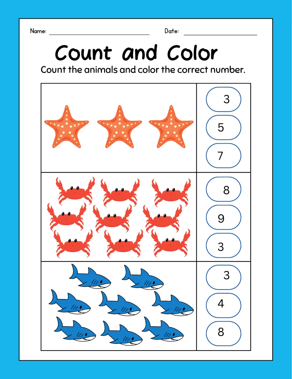 Count and Color: students count starfish, red crabs and blue sharks and color the correct number from three choices