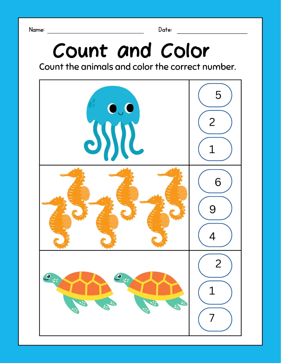 Count and Color: students count one jellyfish, a group of seahorses and two sea turtles, then color the matching number