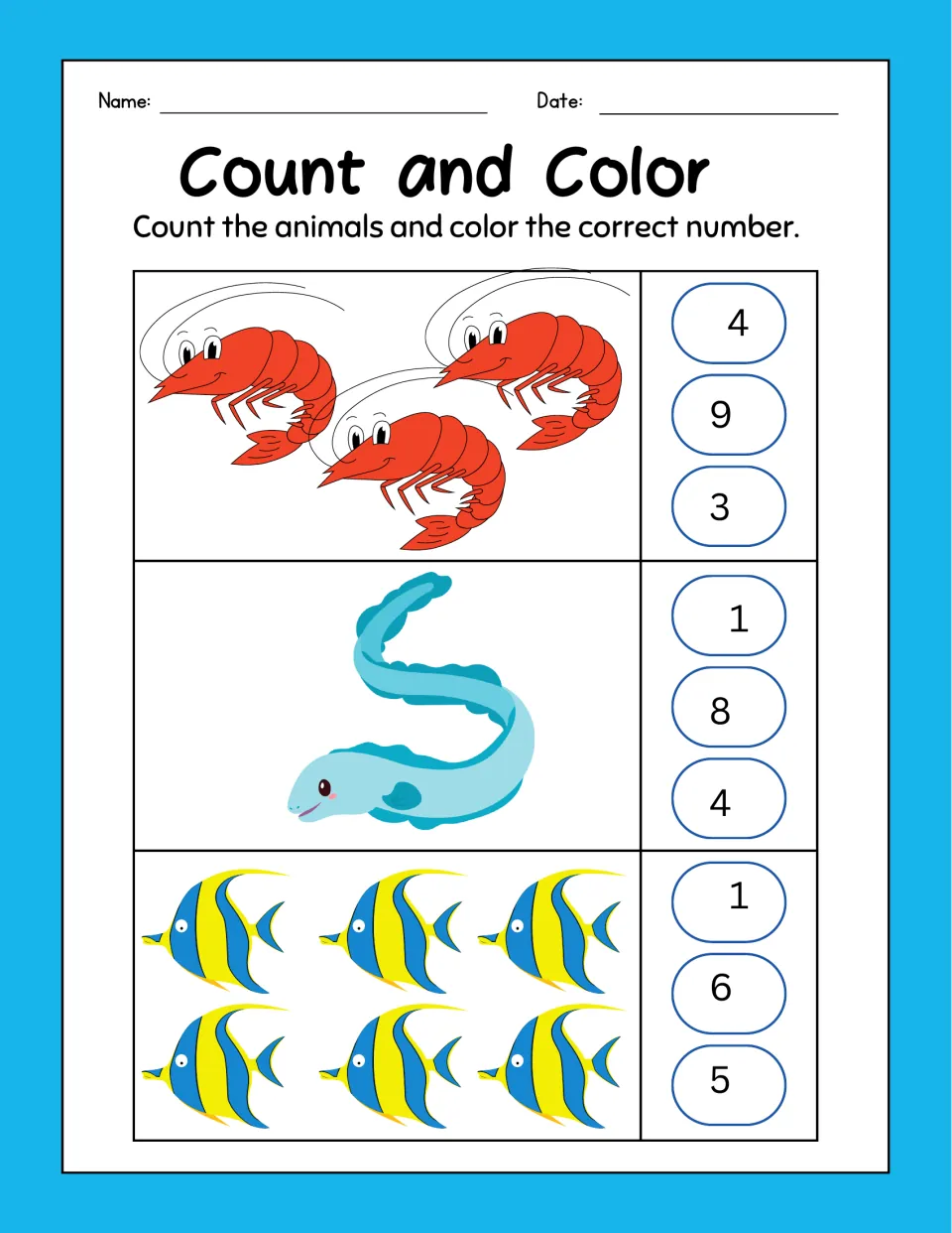 Count and Color: students count shrimp, an eel and striped angelfish, then color the number that matches each group