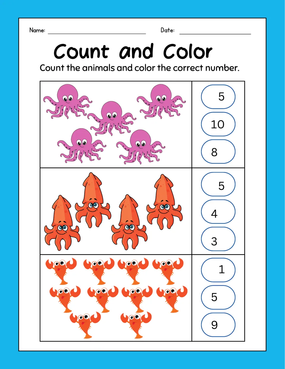 Count and Color: students count pink octopuses, orange squid and lobsters, choosing from numbers as high as 10 to color