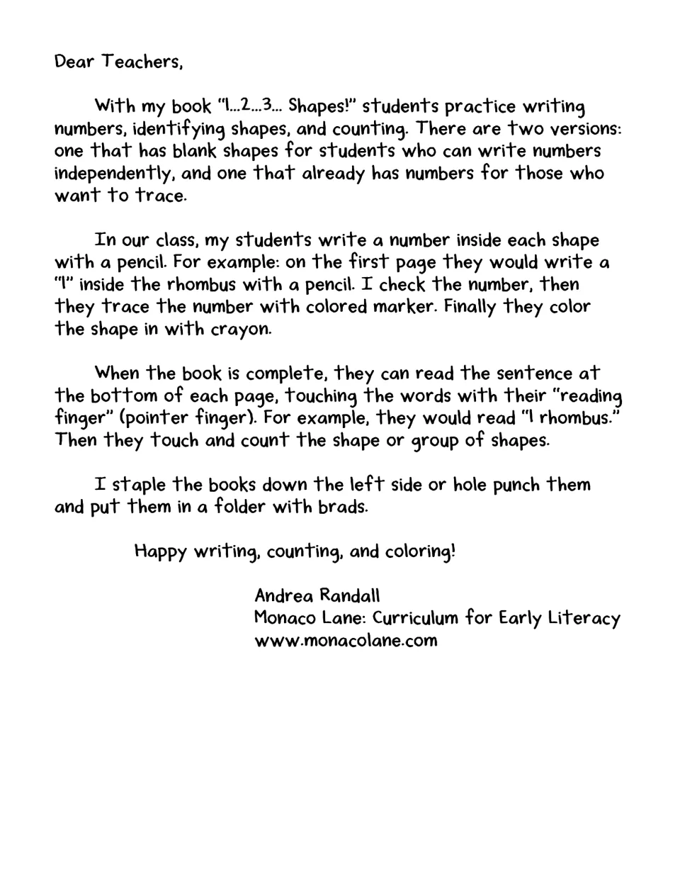 Teacher directions for the shapes book explain number writing, tracing, coloring, reading, and counting.