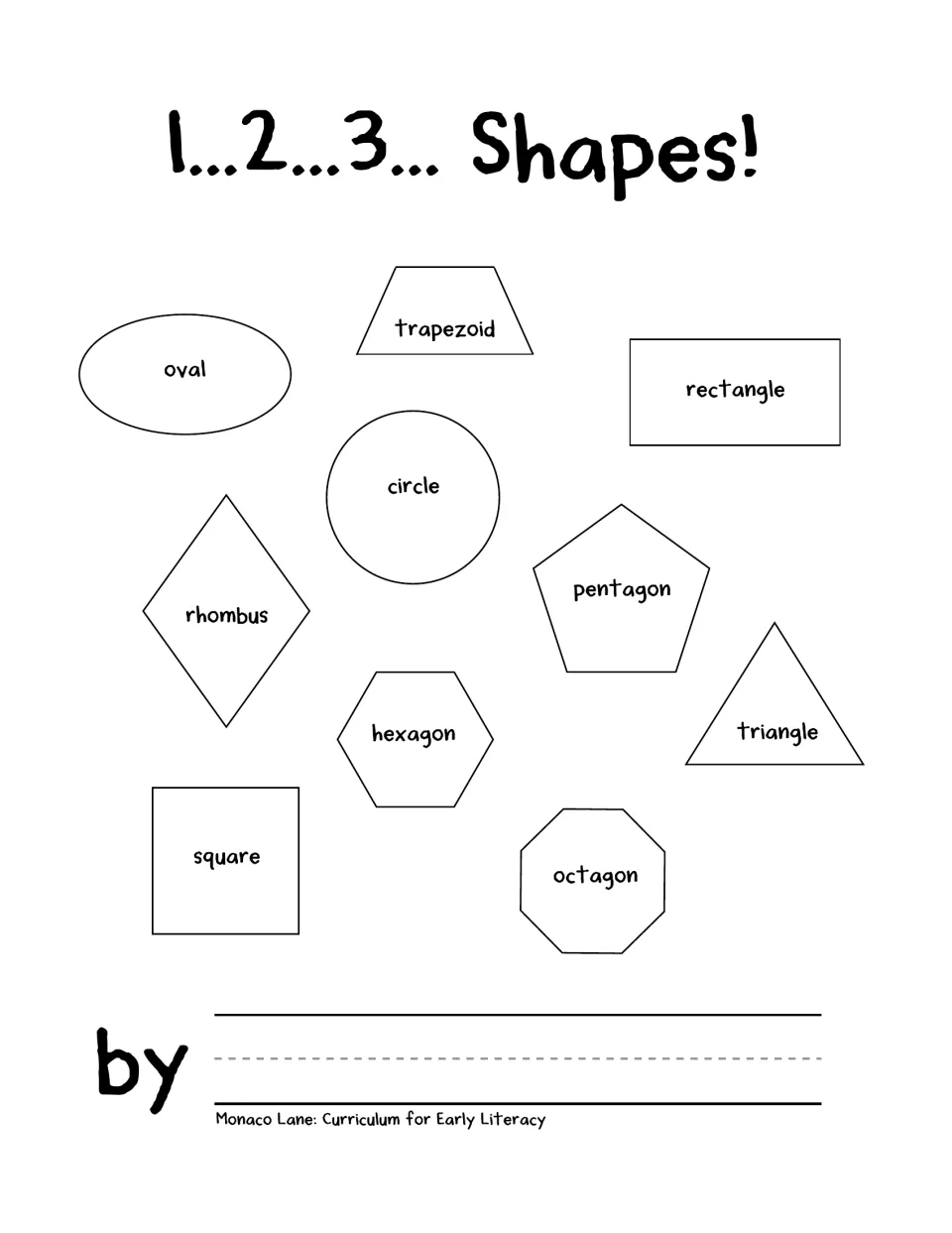 Shapes activity book cover labels nine shapes, including an oval, rhombus, and hexagon, with an author space.