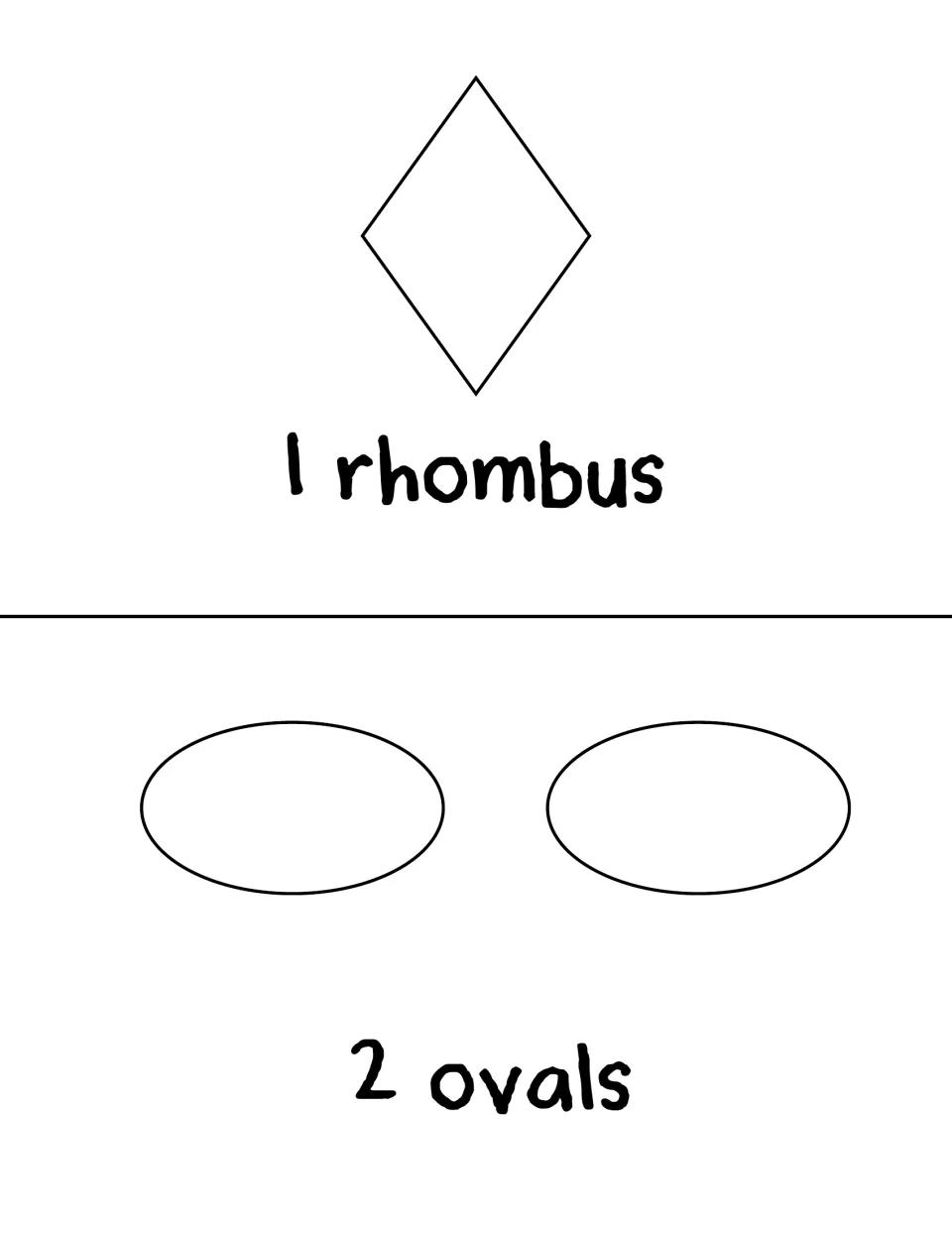 Counting book activities 1 and 2 show one blank rhombus and two blank ovals labeled '1 rhombus' and '2 ovals'.