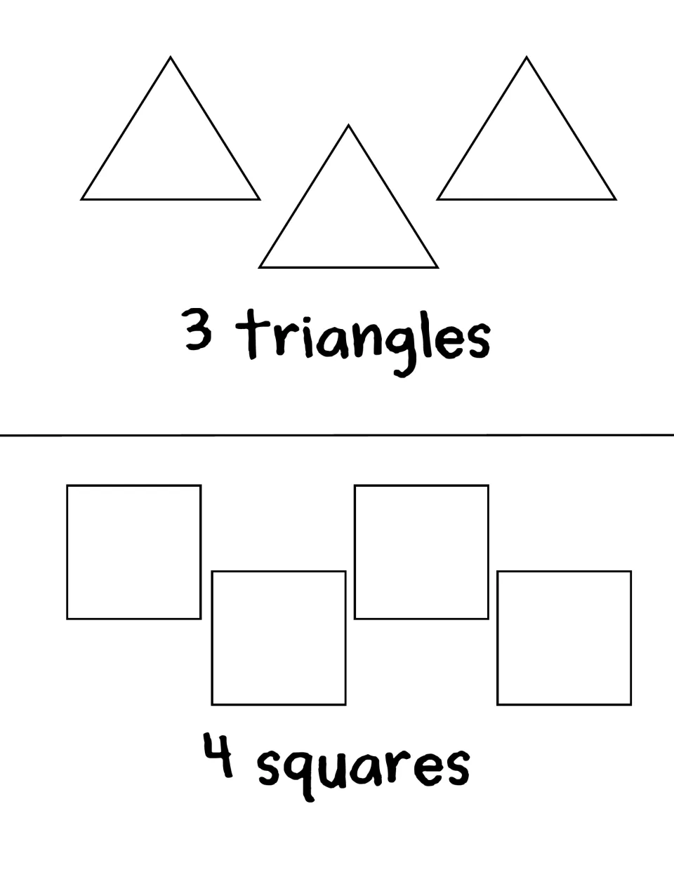 Counting book activities 3 and 4 show blank shapes for number writing, labeled '3 triangles' and '4 squares'.