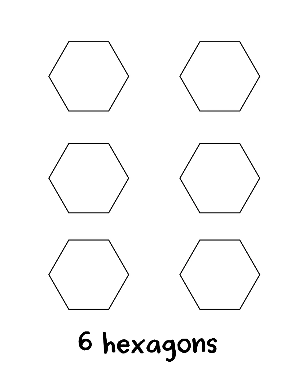 Counting book activity 6 shows six blank hexagons for students to write numbers in, labeled '6 hexagons'.