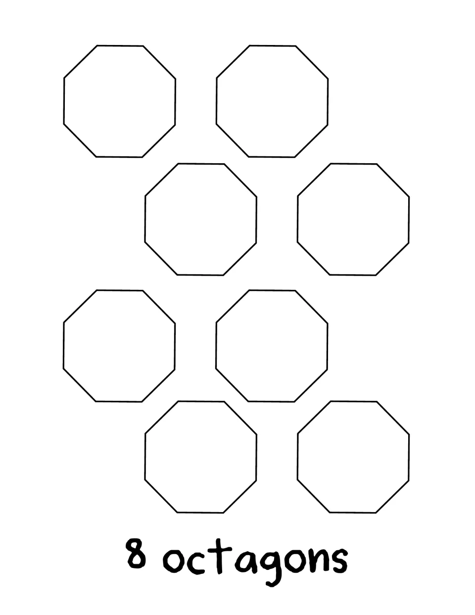 Counting book activity 8 shows eight blank octagons for students to write numbers in, labeled '8 octagons'.