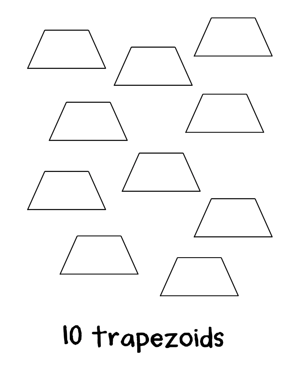 Counting book activity 10 shows ten blank trapezoids for number-writing practice, labeled '10 trapezoids'.