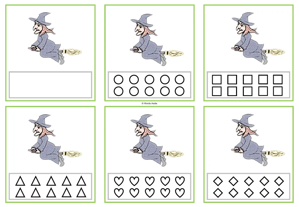 Six counting cards for 1 witch each: a blank version plus circles, squares, triangles, hearts, and rhombuses.