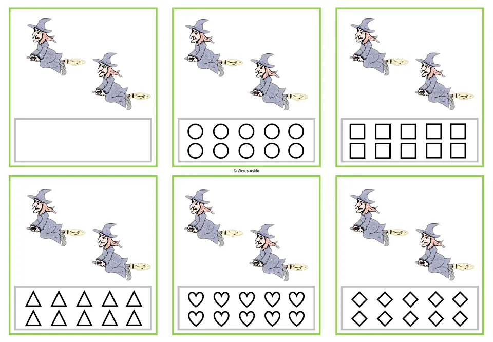 Six counting cards for 2 witches each: a blank version plus circles, squares, triangles, hearts, and rhombuses.