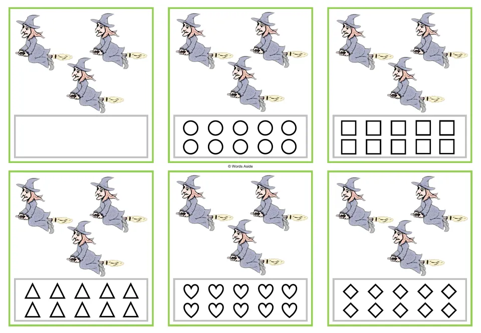 Six counting cards for 3 witches each: a blank version plus circles, squares, triangles, hearts, and rhombuses.