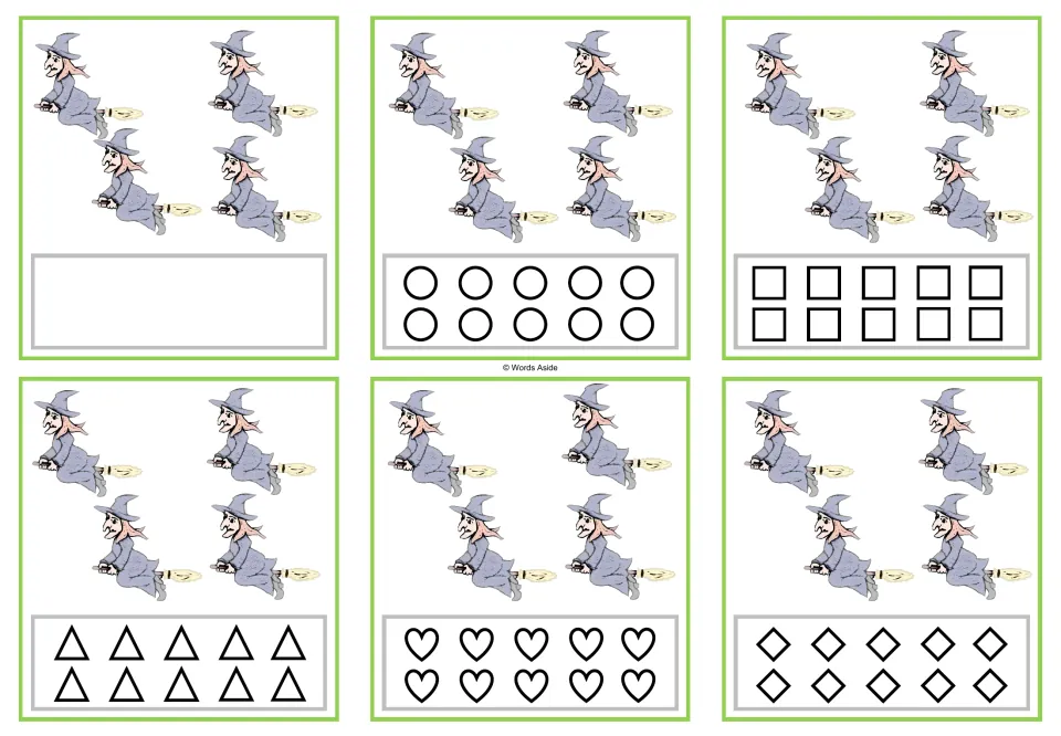 Six counting cards for 4 witches each: a blank version plus circles, squares, triangles, hearts, and rhombuses.