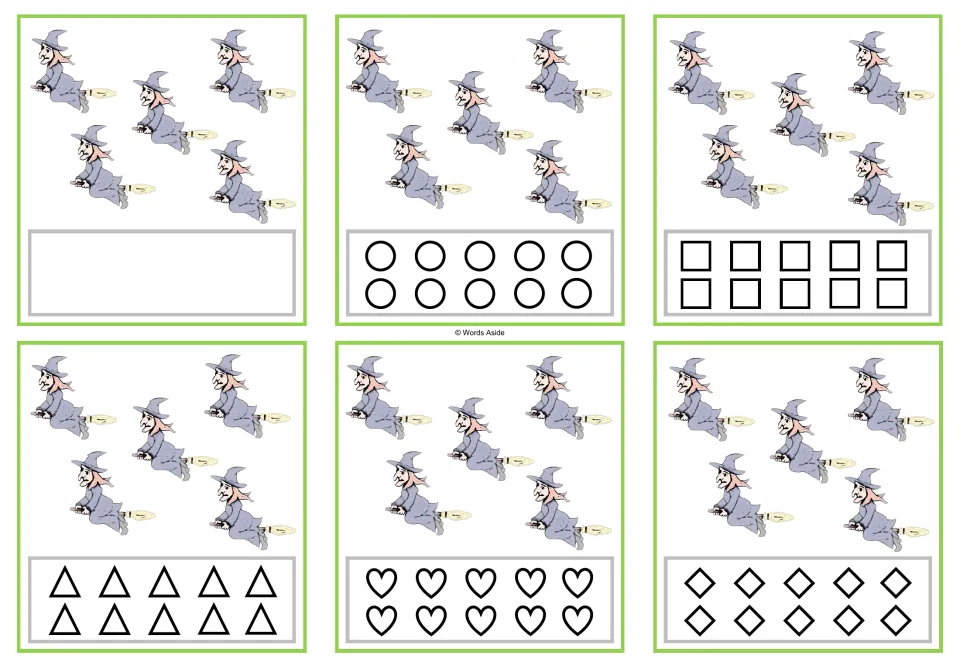 Six counting cards for 5 witches each: a blank version plus circles, squares, triangles, hearts, and rhombuses.