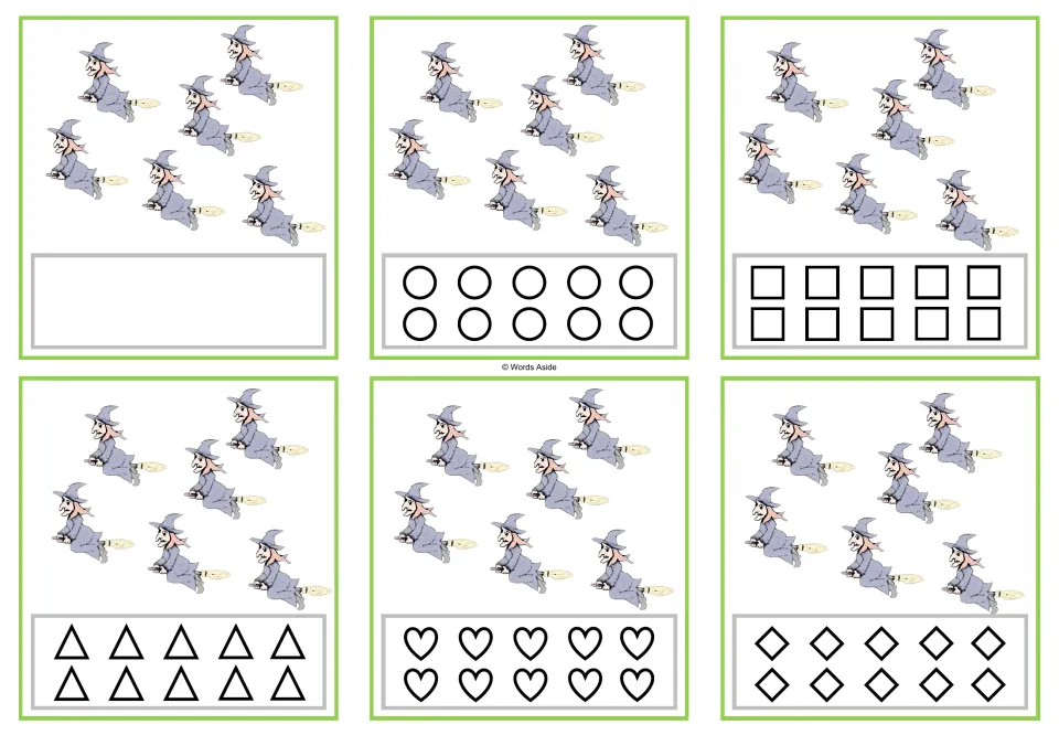 Six counting cards for 6 witches each: a blank version plus circles, squares, triangles, hearts, and rhombuses.