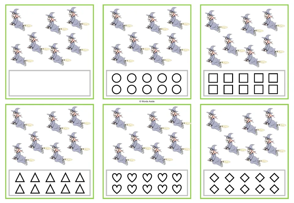 Six counting cards for 7 witches each: a blank version plus circles, squares, triangles, hearts, and rhombuses.
