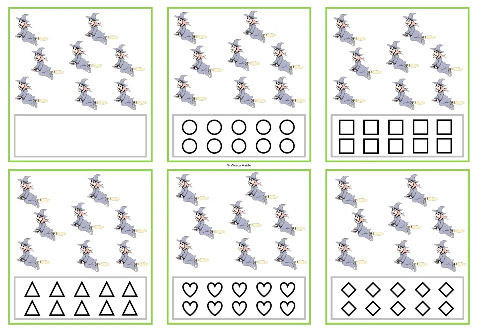 Six counting cards for 8 witches each: a blank version plus circles, squares, triangles, hearts, and rhombuses.