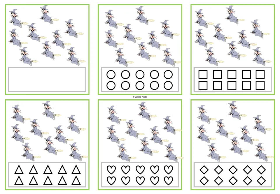 Six counting cards for 9 witches each: a blank version plus circles, squares, triangles, hearts, and rhombuses.