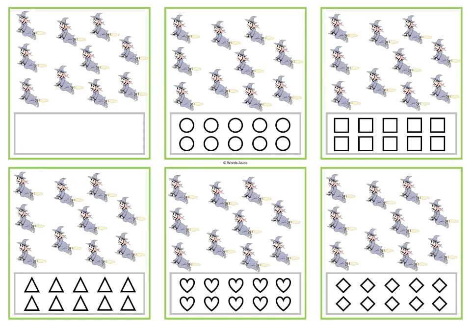 Six counting cards for 10 witches each: a blank version plus circles, squares, triangles, hearts, and rhombuses.