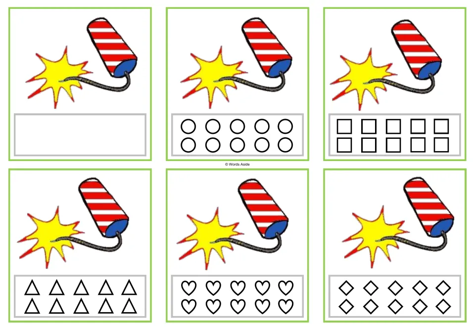 Six counting cards showing 1 firecracker each, with shapes to color or space to record the quantity.