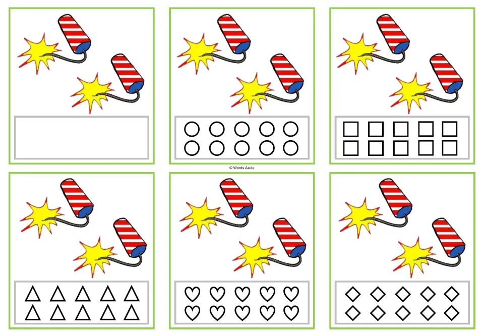 Six counting cards showing 2 firecrackers each, with shapes to color or space to record the quantity.