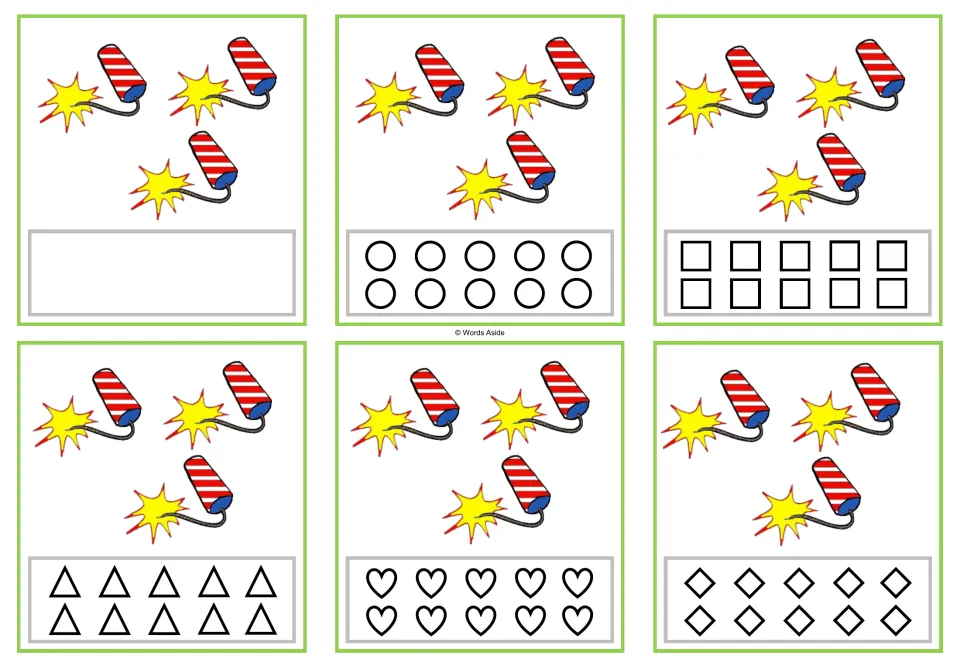 Six counting cards showing 3 firecrackers each, with shapes to color or space to record the quantity.