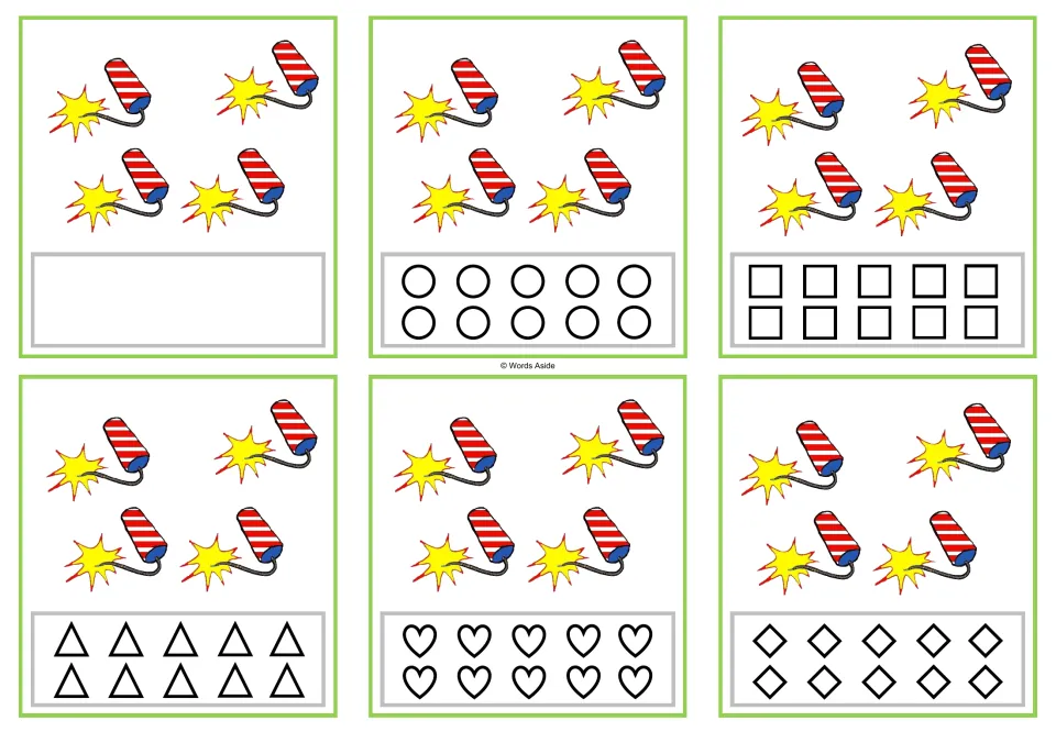 Six counting cards showing 4 firecrackers each, with shapes to color or space to record the quantity.