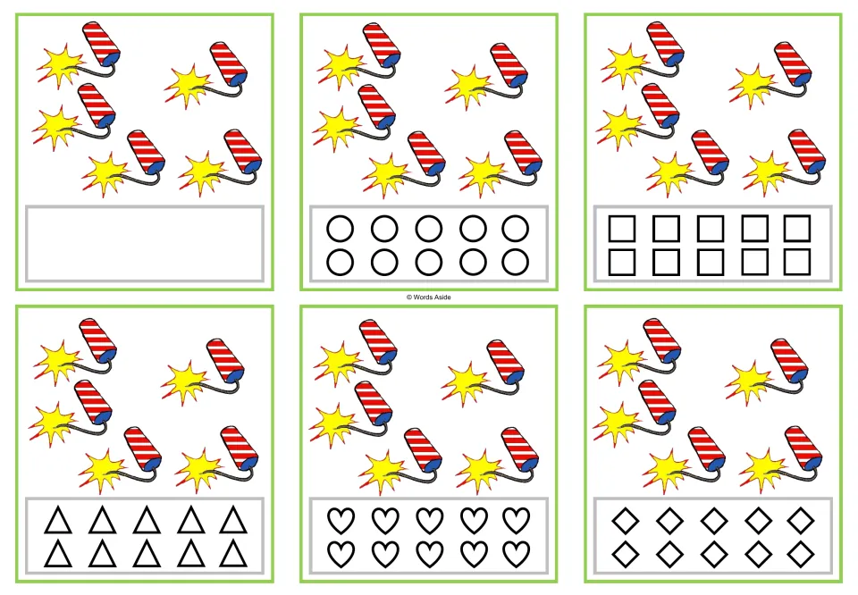 Six counting cards showing 5 firecrackers each, with shapes to color or space to record the quantity.