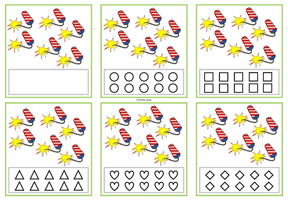 Six counting cards showing 6 firecrackers each, with shapes to color or space to record the quantity.
