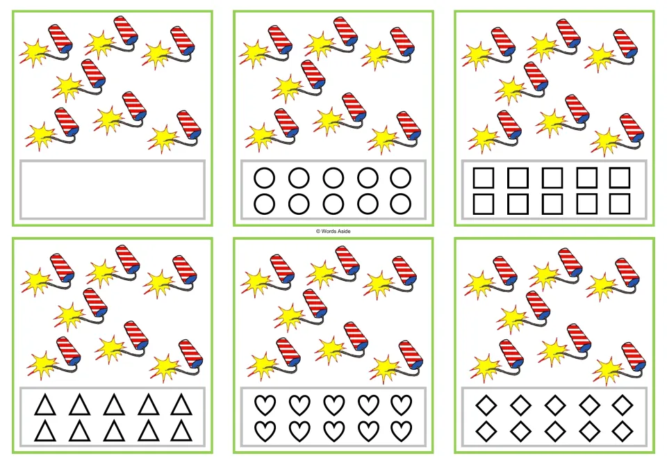 Six counting cards showing 7 firecrackers each, with shapes to color or space to record the quantity.