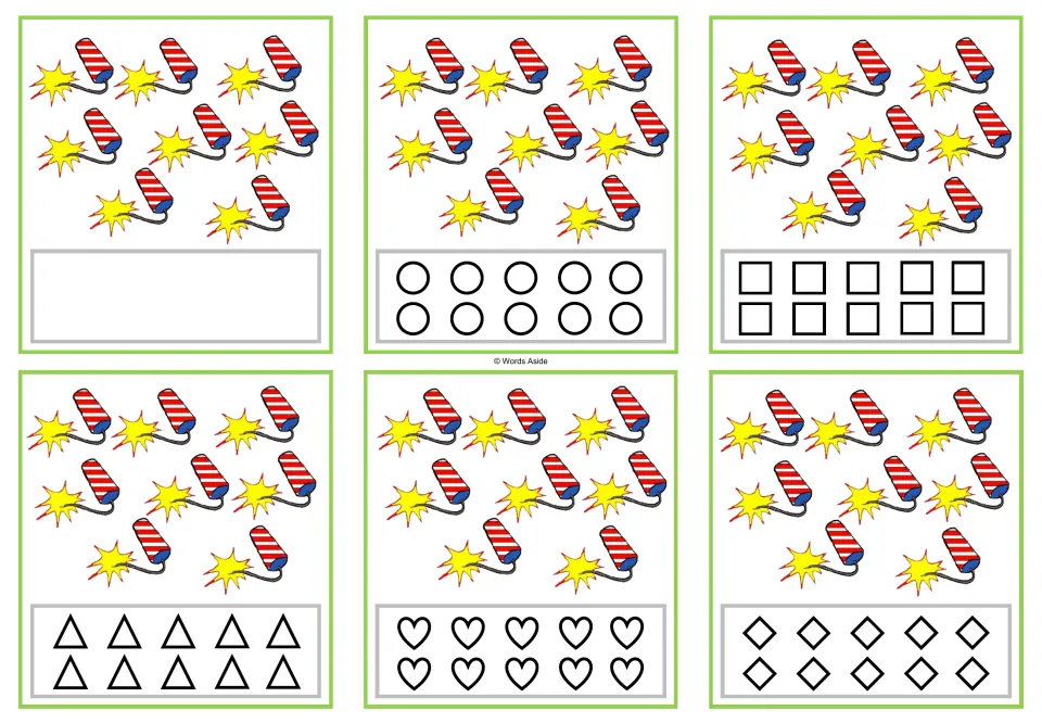 Six counting cards showing 8 firecrackers each, with shapes to color or space to record the quantity.