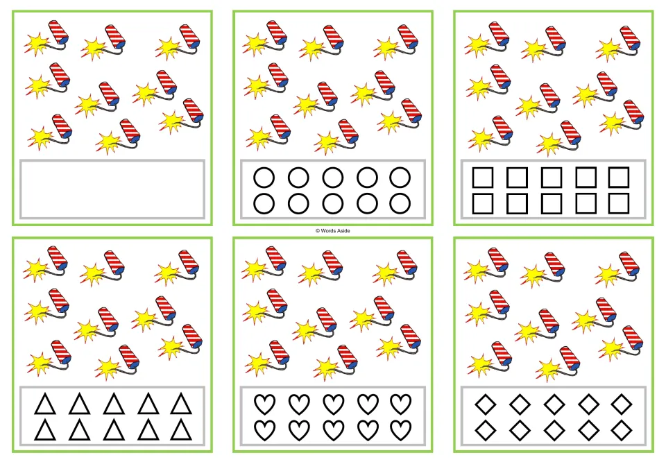Six counting cards showing 9 firecrackers each, with shapes to color or space to record the quantity.