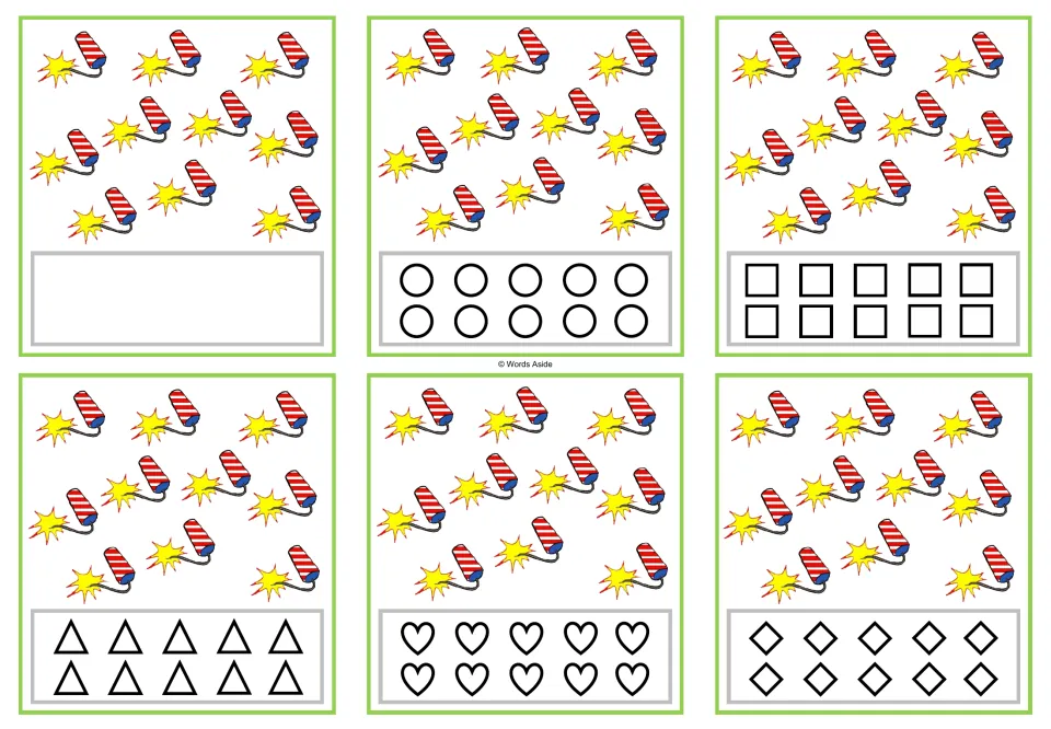 Six counting cards showing 10 firecrackers each, with shapes to color or space to record the quantity.