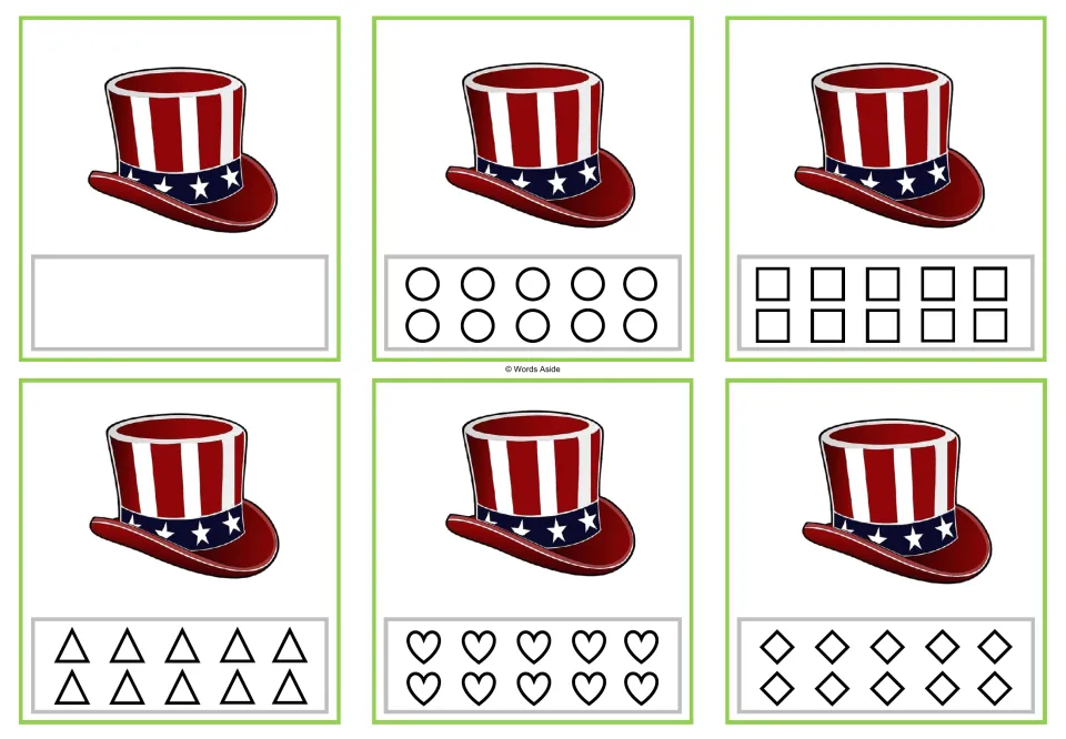 Six counting task cards for 1, each showing one patriotic hat and blank or shape-coloring response options.