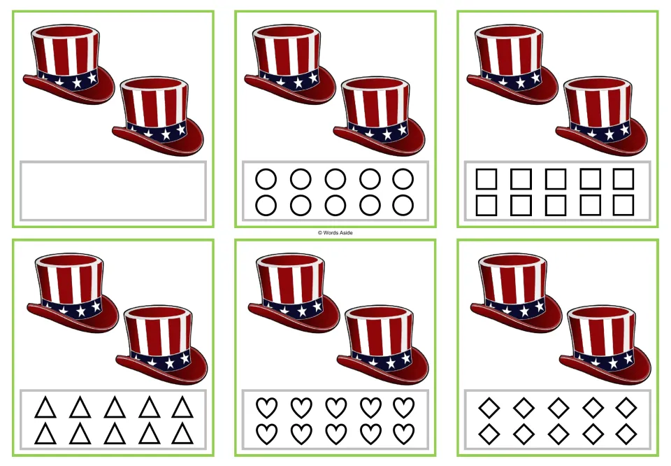 Six counting task cards for 2, each showing two patriotic hats and blank or shape-coloring response options.