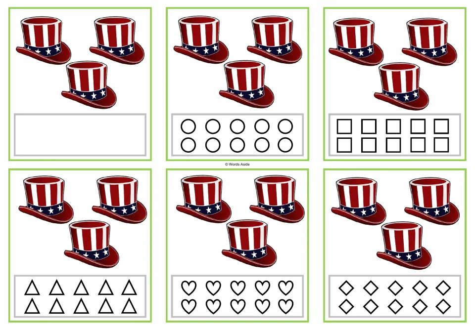 Six counting task cards for 3, each showing three patriotic hats and blank or shape-coloring response options.
