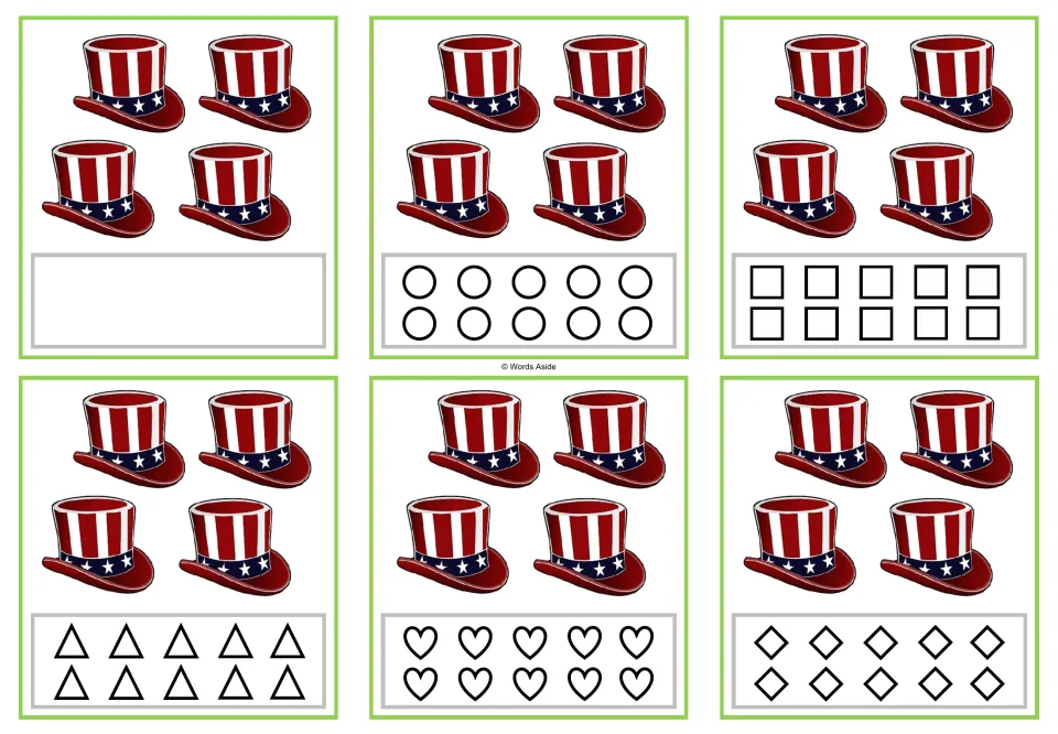 Six counting task cards for 4, each showing four patriotic hats and blank or shape-coloring response options.