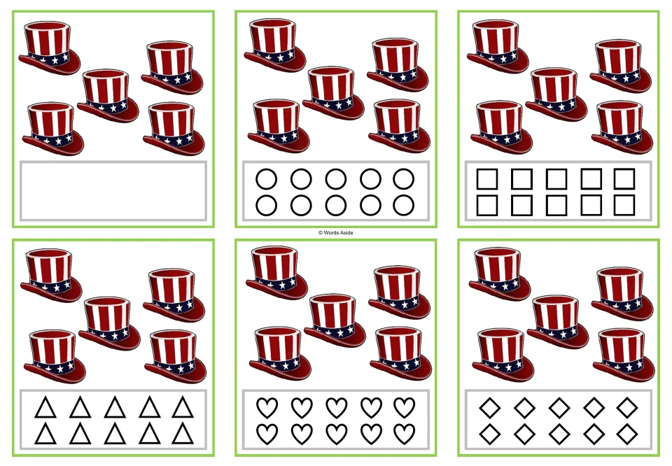 Six counting task cards for 5, each showing five patriotic hats and blank or shape-coloring response options.