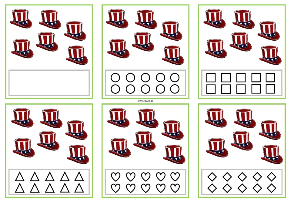 Six counting task cards for 6, each showing six patriotic hats and blank or shape-coloring response options.