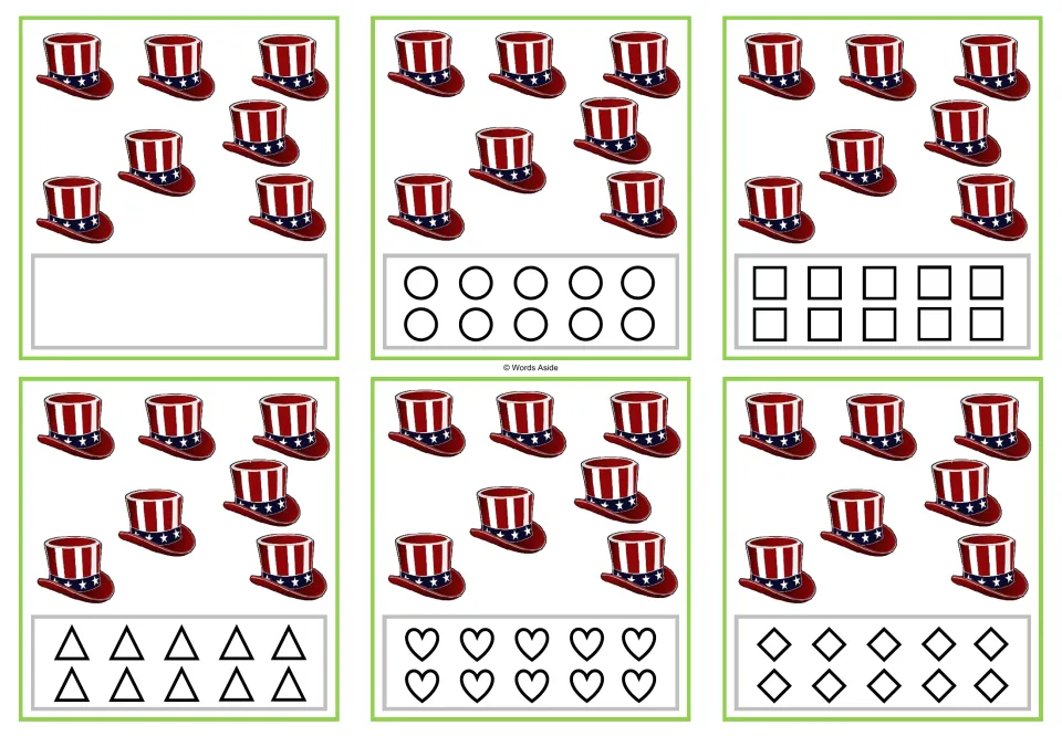 Six counting task cards for 7, each showing seven patriotic hats and blank or shape-coloring response options.