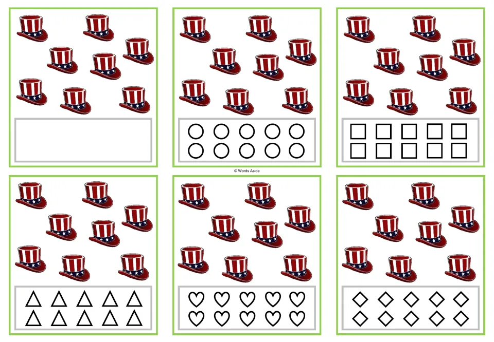 Six counting task cards for 8, each showing eight patriotic hats and blank or shape-coloring response options.