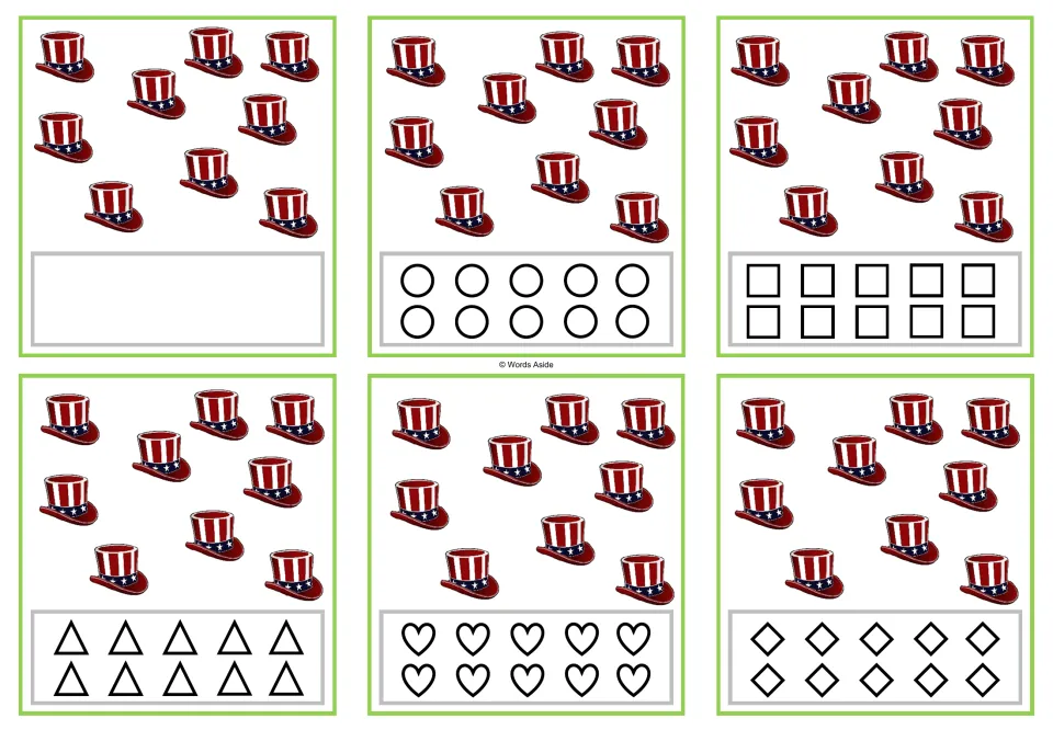 Six counting task cards for 9, each showing nine patriotic hats and blank or shape-coloring response options.