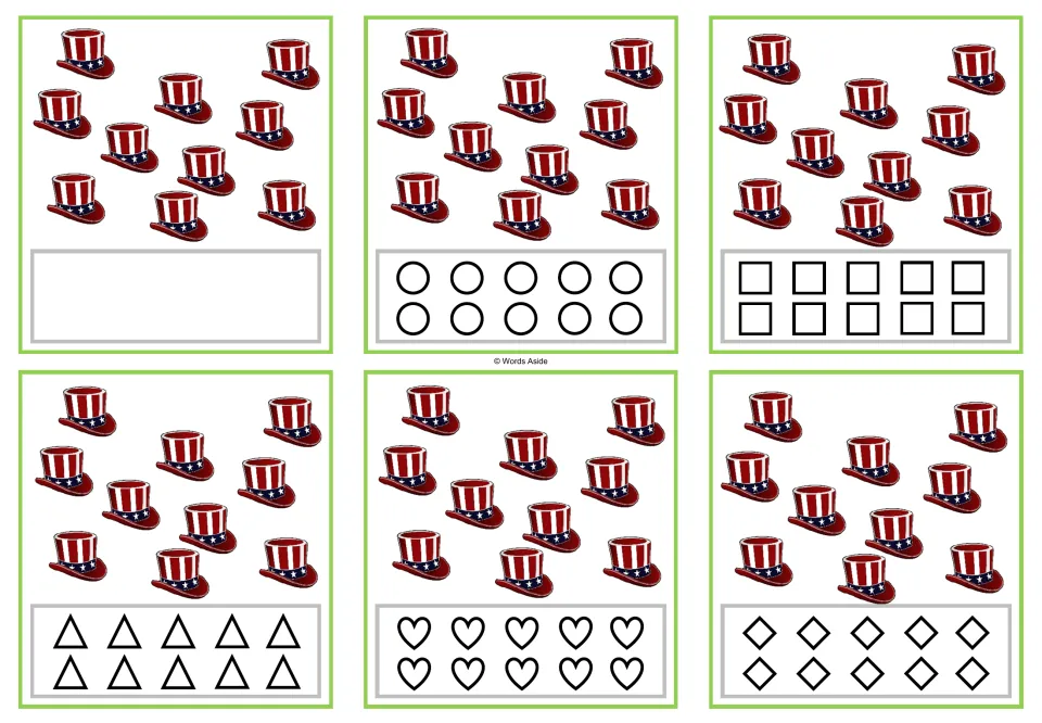 Six counting task cards for 10, each showing ten patriotic hats and blank or shape-coloring response options.