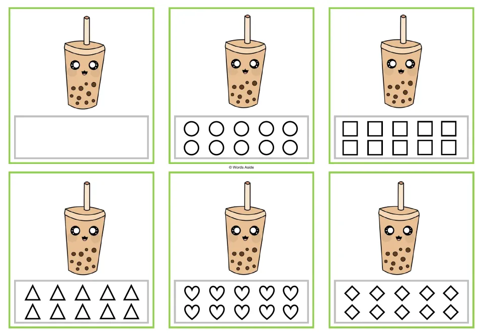 Six counting cards for 1 show one bubble tea each, with one blank-response card and five shape-coloring cards.