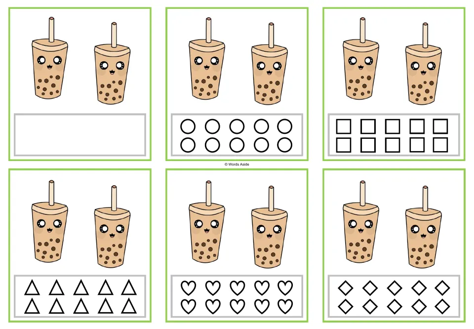 Six counting cards for 2 show two bubble teas each, with one blank-response card and five shape-coloring cards.