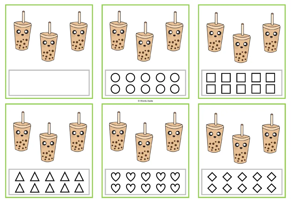 Six counting cards for 3 show three bubble teas each, with one blank-response card and five shape-coloring cards.