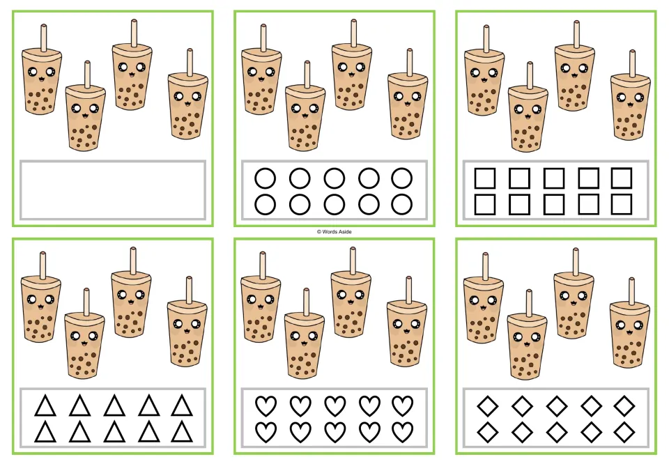 Six counting cards for 4 show four bubble teas each, with one blank-response card and five shape-coloring cards.