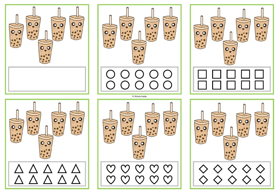 Six counting cards for 5 show five bubble teas each, with one blank-response card and five shape-coloring cards.