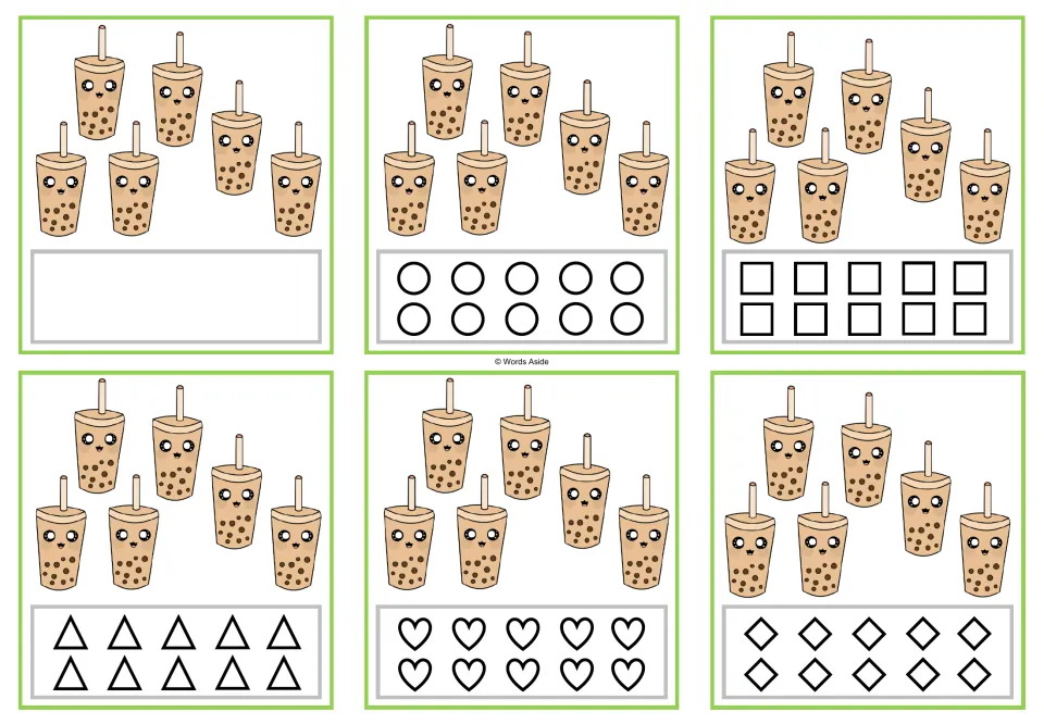 Six counting cards for 6 show six bubble teas each, with one blank-response card and five shape-coloring cards.
